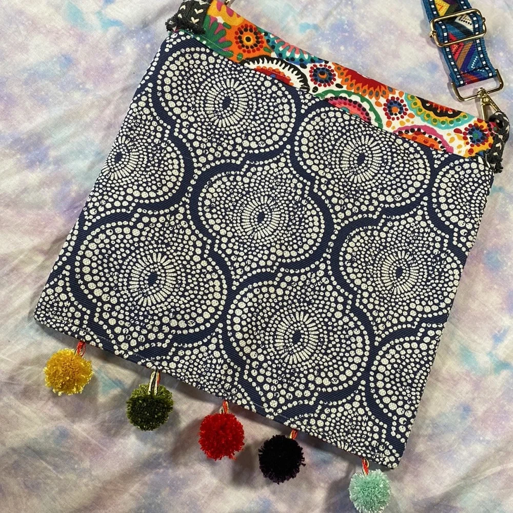 Kimbleberries • Boho Mixed Print Pom Pom Crossbody Canvas Bag